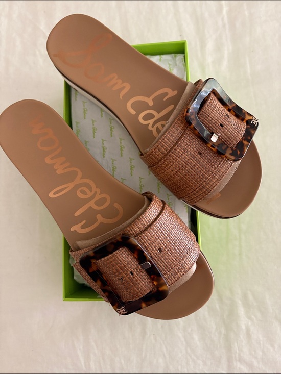 Sam Edelman Shoes - Sam Edelman Brown Raffia Slide Sandals with Tortoiseshell Buckle